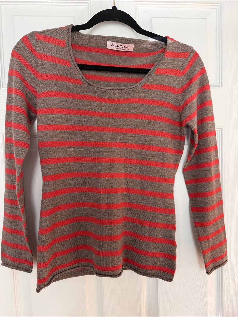 Brunella Gori Women's Brown and Coral Striped Long-Sleeve Wool Sweater
